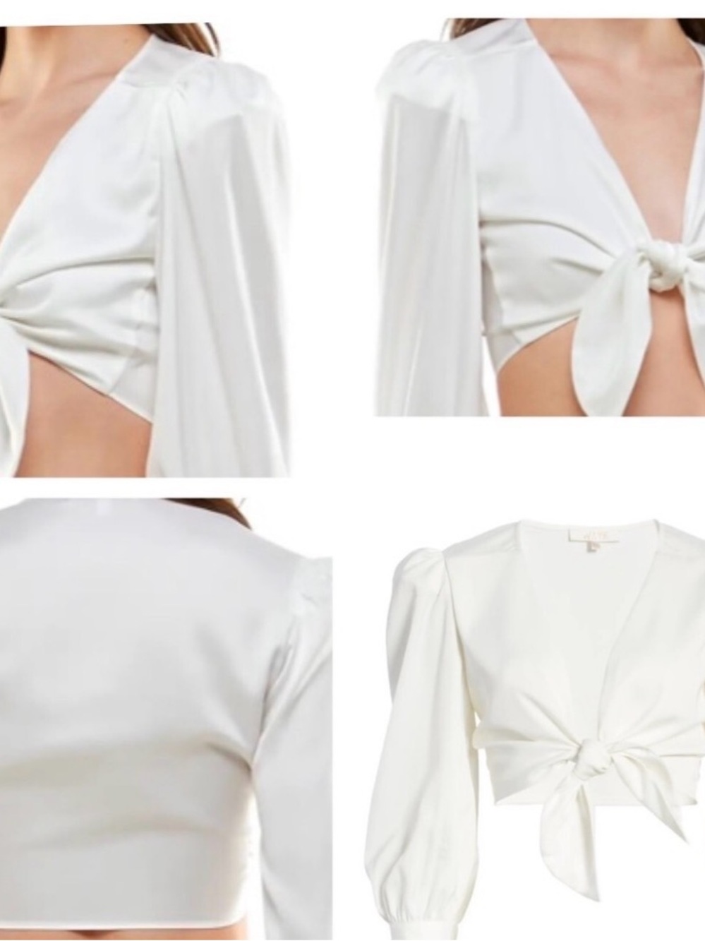 Wayf White Tie-Front Puff Sleeve Crop Top Silk
